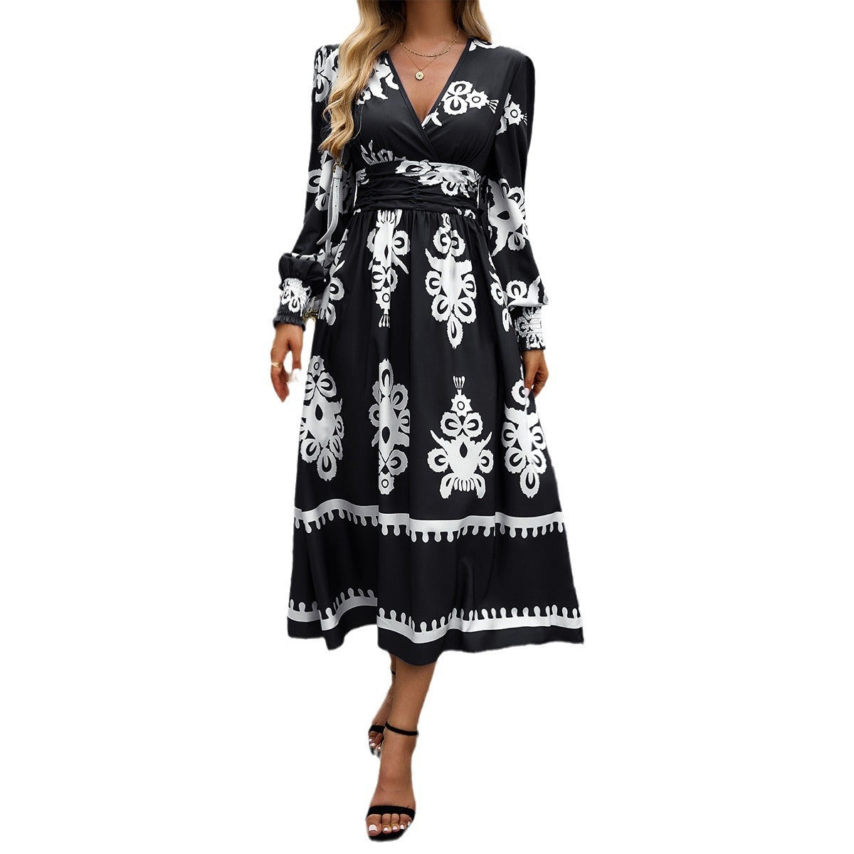 Women's Printing Color Contrast Temperament Long Sleeve Dress