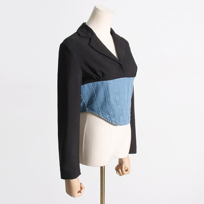 Manteau de costume à manches longues tendance avec coutures en denim et fermeture éclair dans le dos