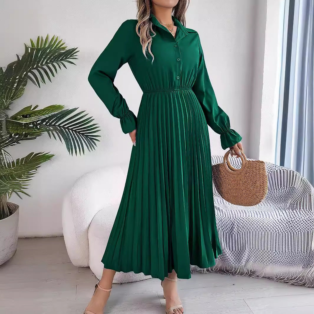 European And American Autumn And Winter Leisure Lapel Button Long Sleeve Cinched Pleated Dress