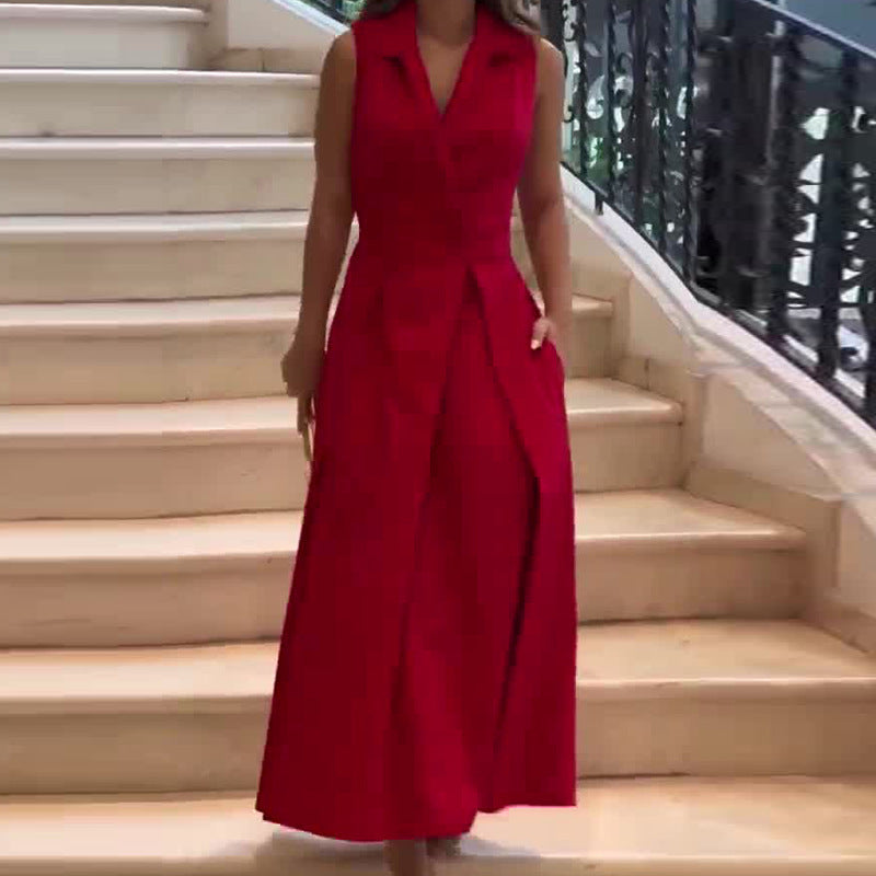 Vestido elegante de talle bajo con escote en V y sin mangas