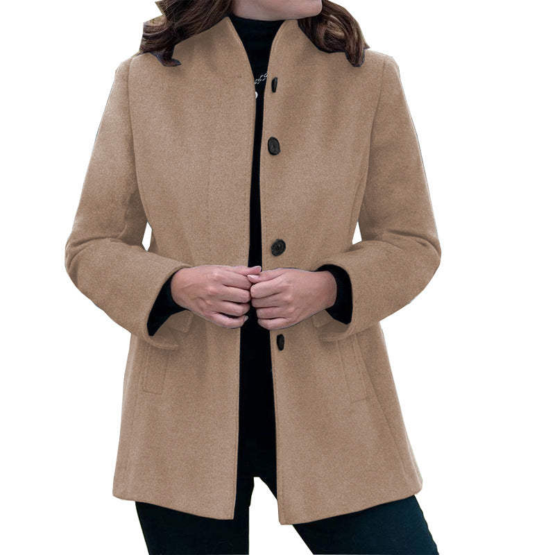 Autumn And Winter Simplicity Long Sleeve Lapel Button Slim-fit Woolen Coat Women