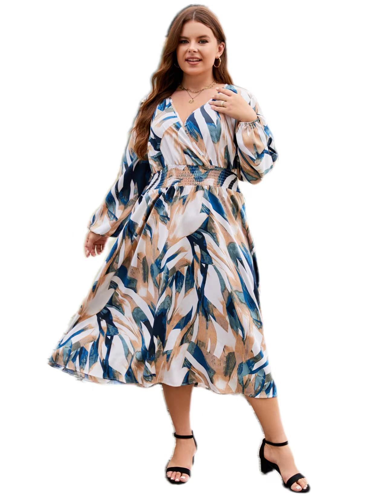 Plus Size Long Sleeve V-neck Dress