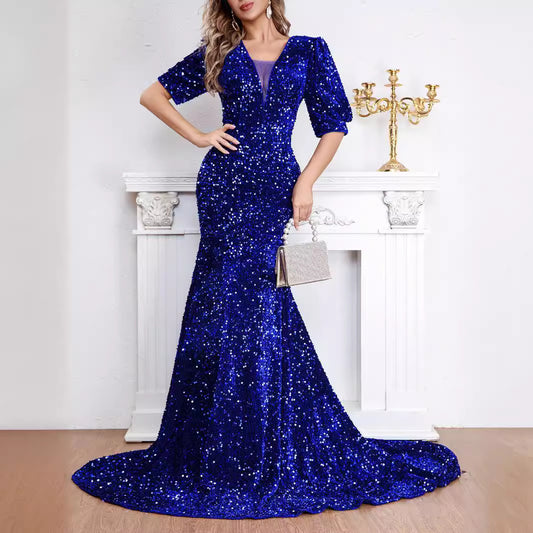 Robe de soirée sexy à paillettes et manches mi-longues