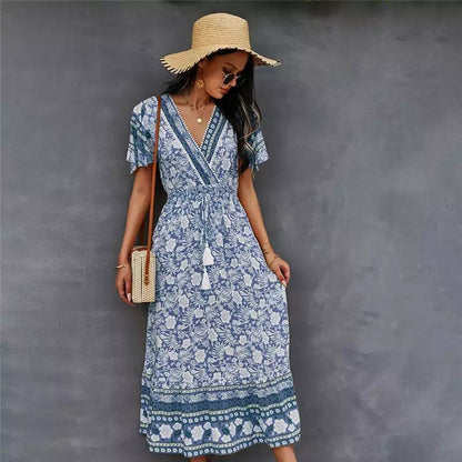 Flower Dyed Ethnic Style V-shaped Dress