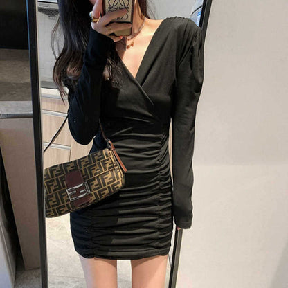 Early Autumn Women's Wear Cross V-neck Waist-tight High-grade Sense Black Dress