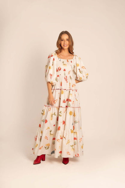 Puff Sleeve Printed Square Collar Swing Long Dress Beach Holiday Dress