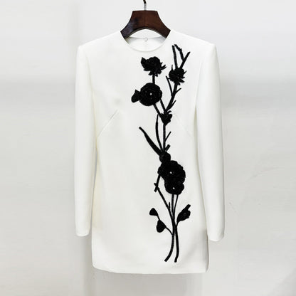 Star Fashion Heavy Industry Three-dimensional Flowers Bead Long Sleeve Dress