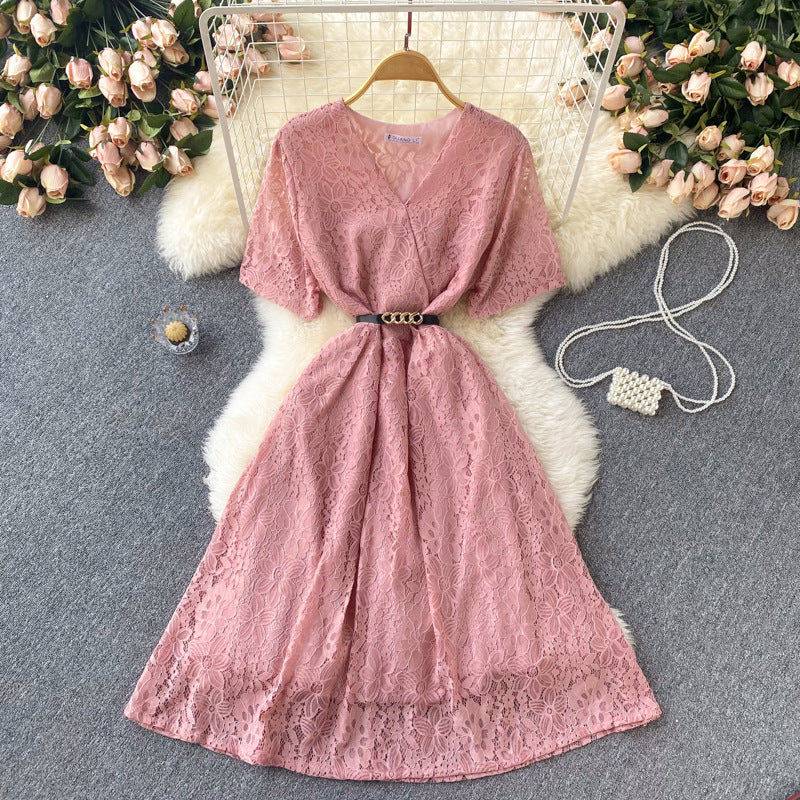 Irregular V-neck Lace-up Waist-controlled Slimming Loose Swing Dress