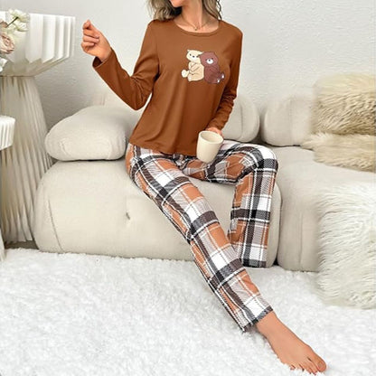 Home Wear Autumn And Winter Pajamas Suit Long Sleeve Printed Plaid Trousers Two-piece Set