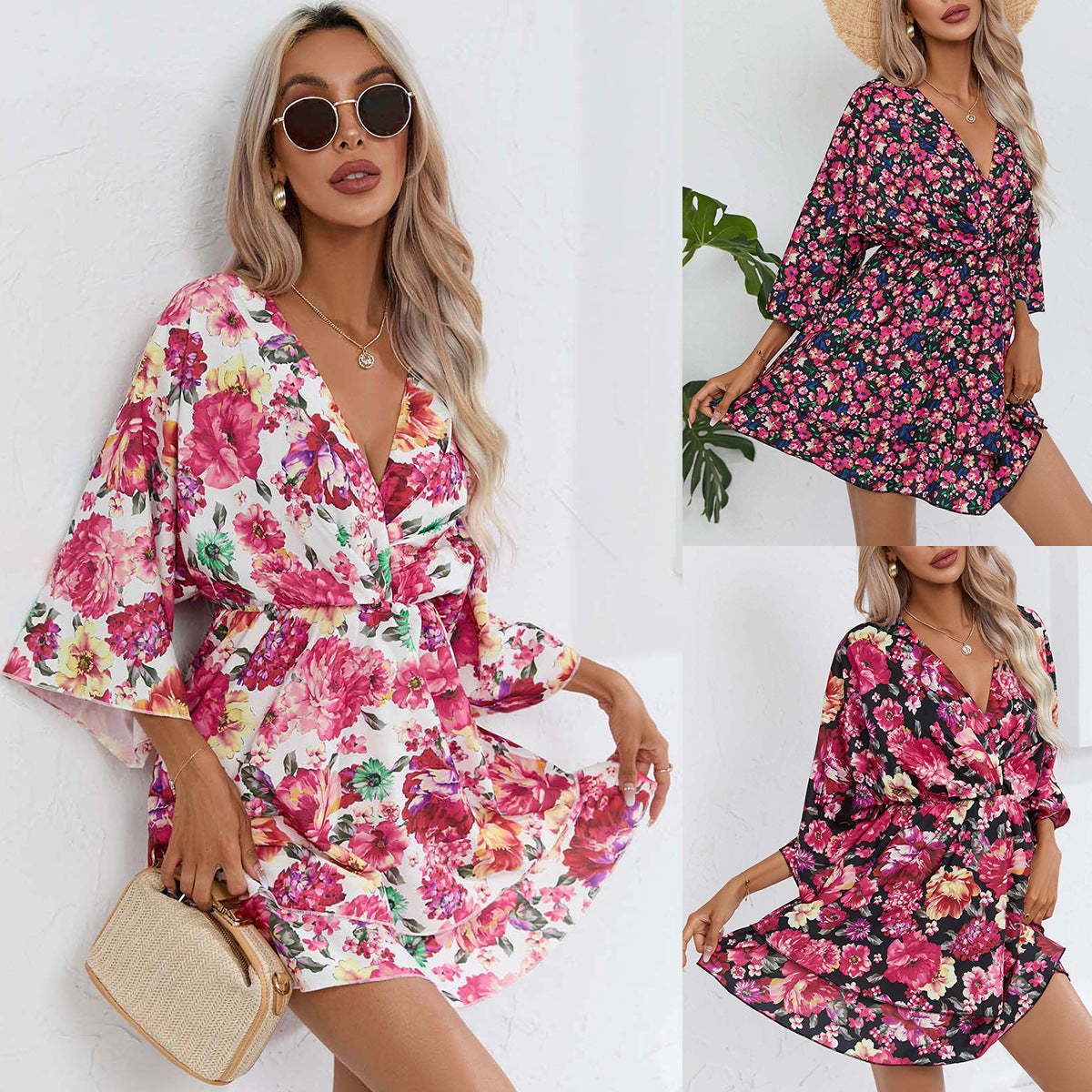 Printed V-neck Women's Clothing Dress