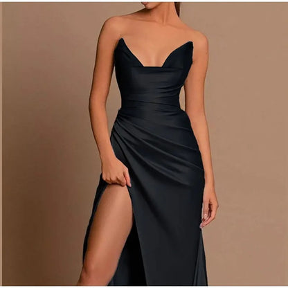 Vestido formal de sirena con hombros descubiertos y abertura alta para mujer para banquete