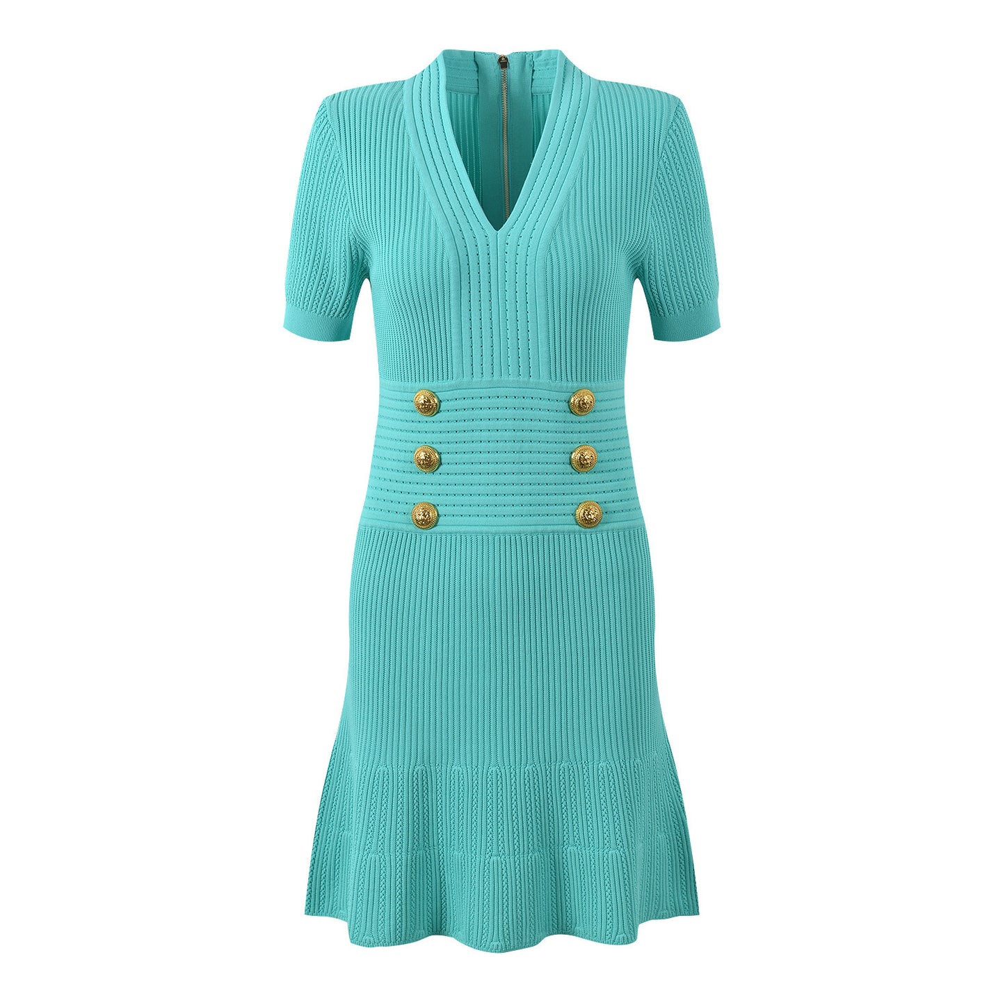 Light Luxury Metal Buckle V-neck Knitted Dress