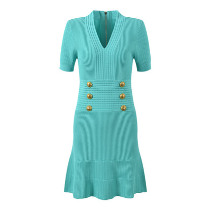 Light Luxury Metal Buckle V-neck Knitted Dress