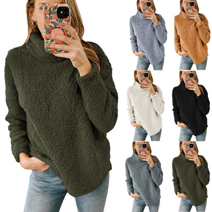 Ropa de mujer Nueva sudadera con capucha de color liso y cuello alto peludo Top de felpa para mujer