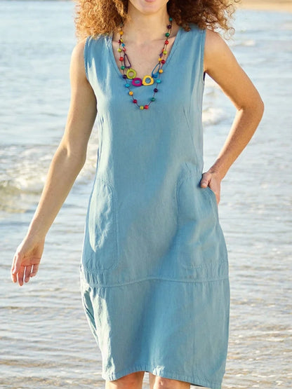 Women's Solid Color Cotton Linen U-collar Sleeveless Pocket Midi Dress