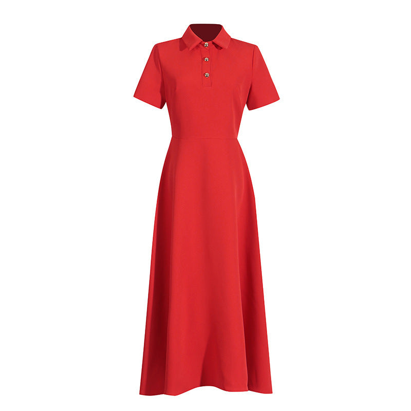 French Style Temperament Elegant Dress Simple Lapel Design Sense Waist Trimming Short-sleeved Dress Female