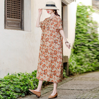 Vestido informal versátil de algodón y lino con estampado floral para mujer