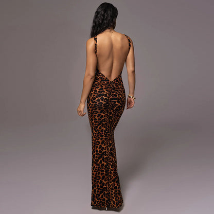 European And American Style Fashion Leopard Print Backless Slim Fit Mid-length Dress