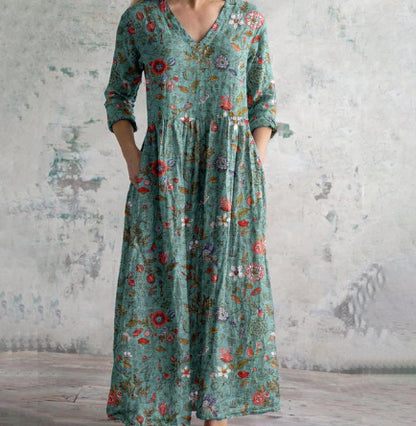 Robe mi-longue décontractée à imprimé floral et col en V pour femme