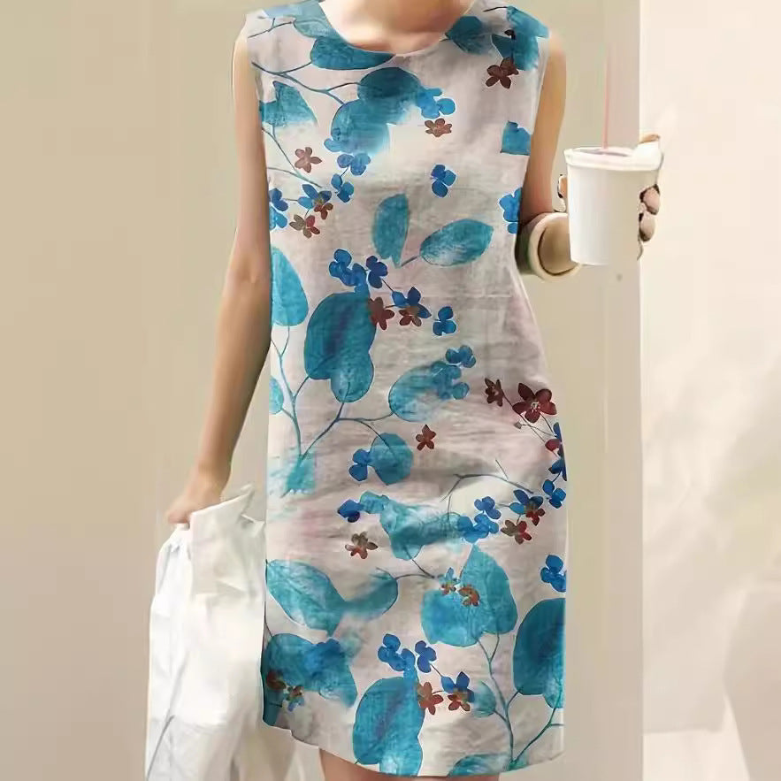 Women's Vintage Floral Print Round Neck Sleeveless Dress