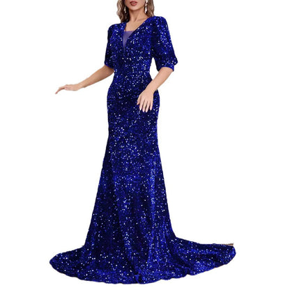 Sexy Middle Sleeve Trailing Sequin Dress Banquet Evening Dress