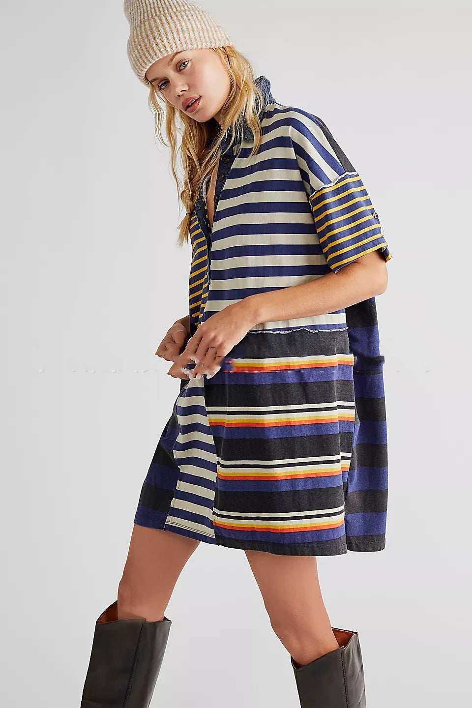 Women's Mid-sleeve Lapel Contrast Color Striped Loose Casual Dress