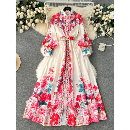 Women's Spring And Autumn New High-grade Stand Collar Lantern Long Sleeve Waist-tight Printed Dress