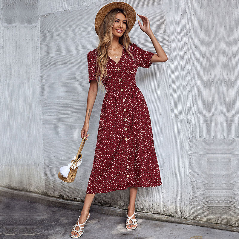 Cross-border Skirt V-neck Short Sleeve Polka Dot Dress