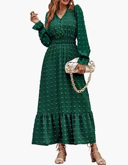 Robe bohème à manches longues et col en V à pois