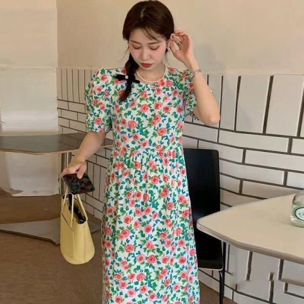 High Waist Slimming Puff Sleeve Dress Women