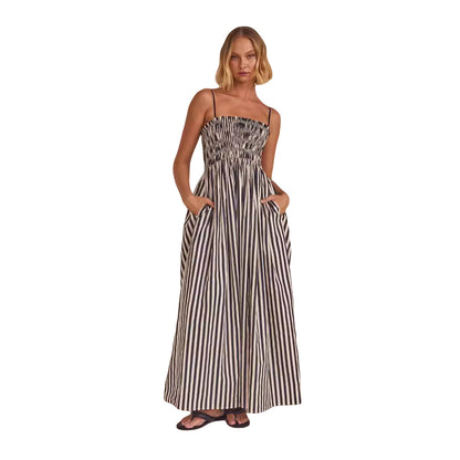 Spring And Summer Striped Printed Rubber Band Large Swing Pocket Sling Dress