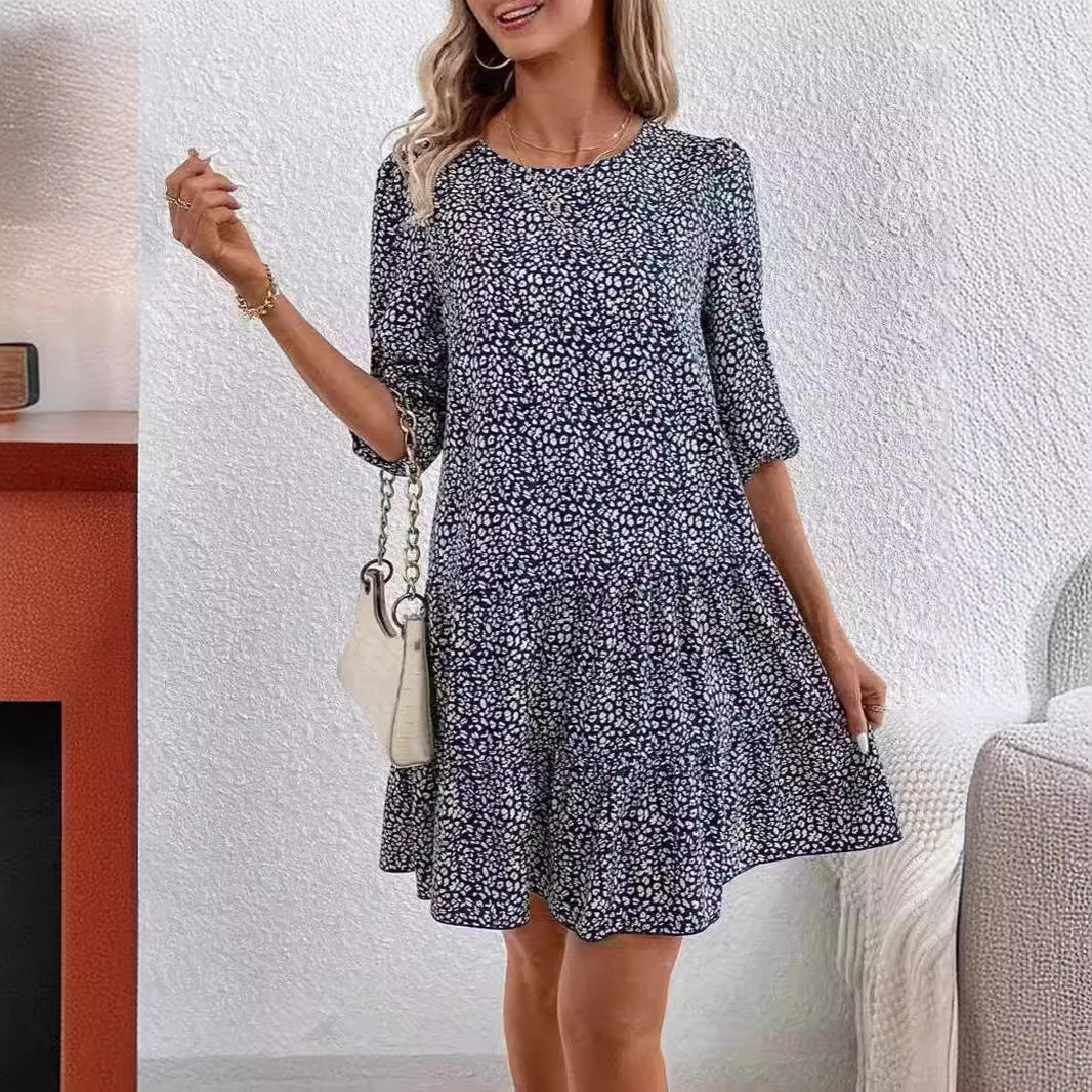 Autumn New Floral Print Mid-length Sleeves V-neck Mid-length Dress Women