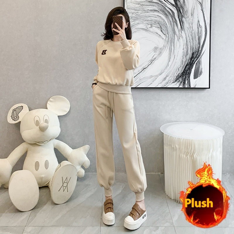 New Trendy Thickening Brushed Hoody Fashionable Stylish Ankle Banded Pants Two-piece Set