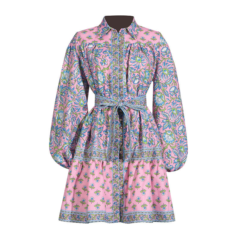 French Style Printing Lapel Long Sleeve Lace-up Waist Multi-button Skirt Dress