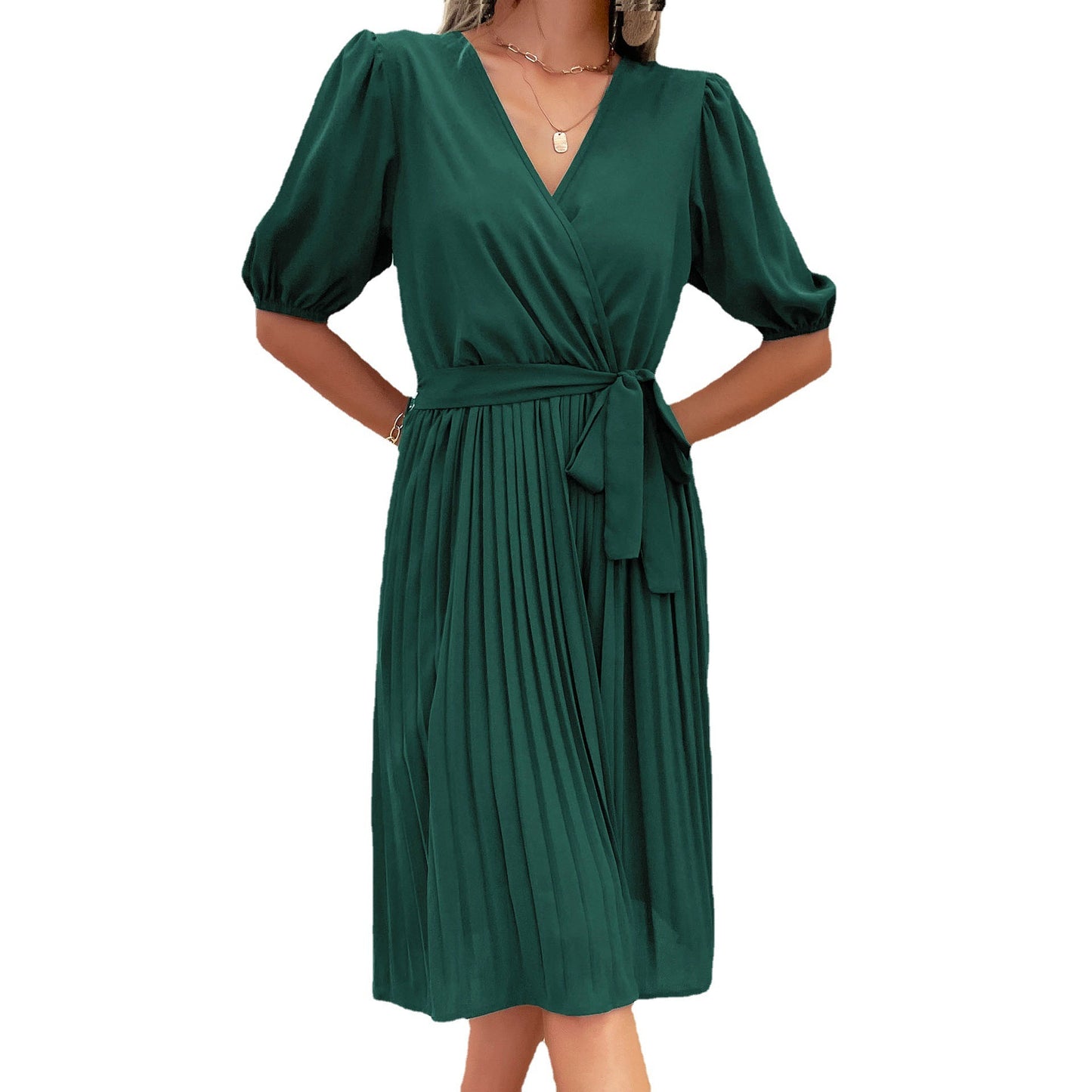 Robe plissée à col en V nouée pour femme