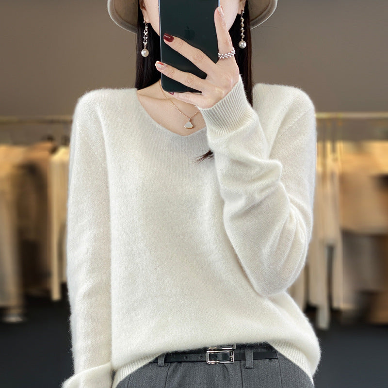 Women's Wool Sweater V-neck Autumn And Winter New Solid Color Loose-fitting Versatile Wool Loose Bottoming Shirt