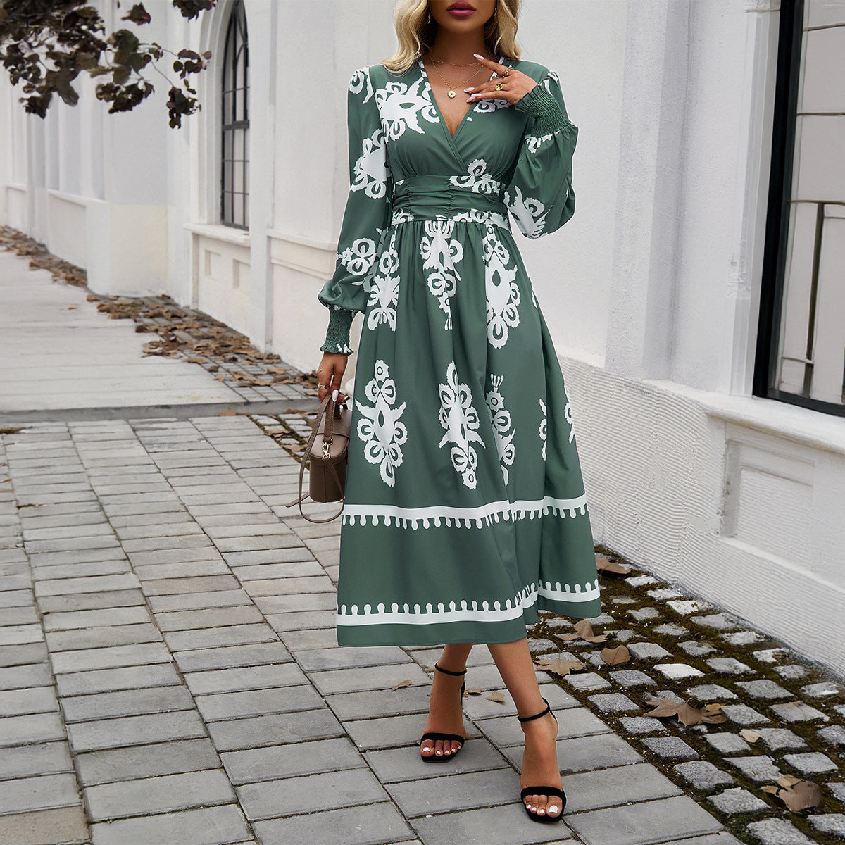 Vestido de manga larga con contraste de color y estampado para mujer