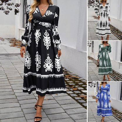 Women's Printing Color Contrast Temperament Long Sleeve Dress