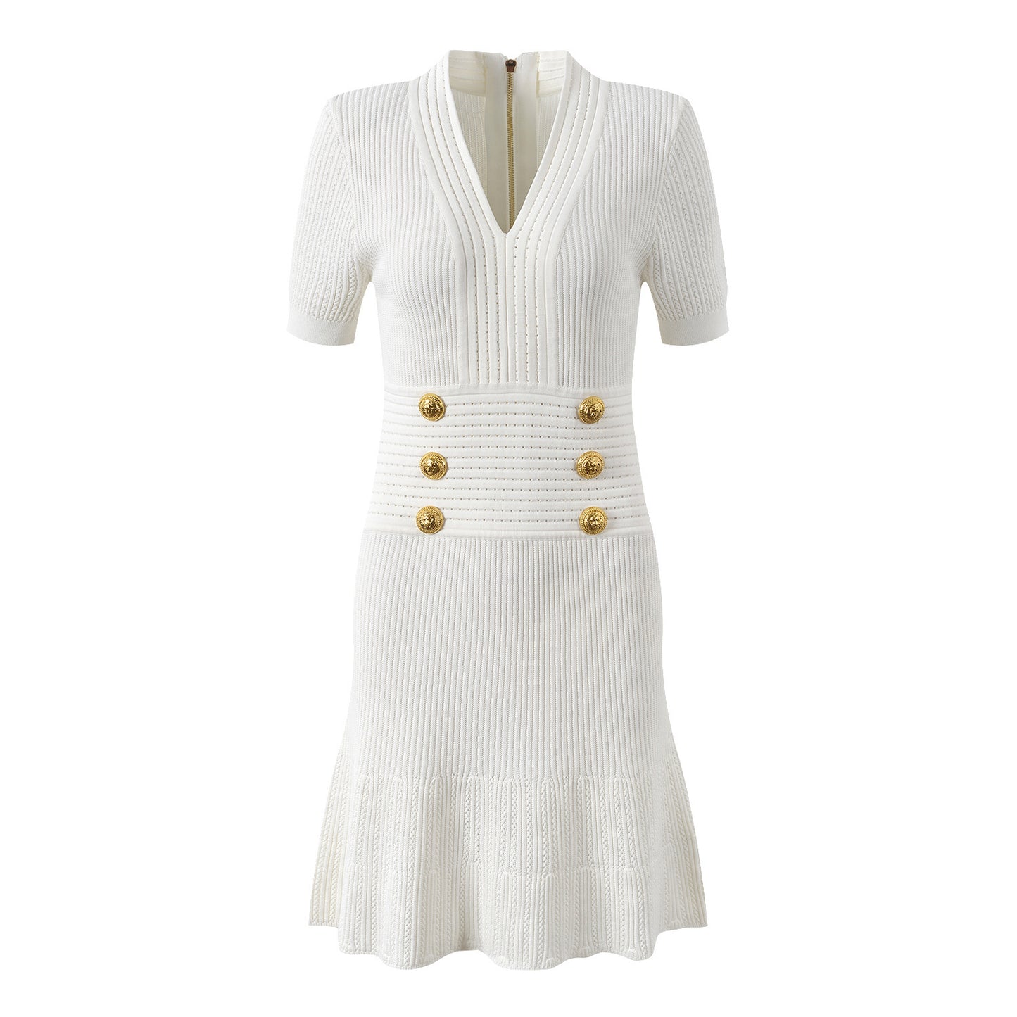 Light Luxury Metal Buckle V-neck Knitted Dress