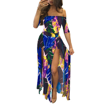 Robe une pièce fendue imprimée grande taille pour femme en trois couleurs