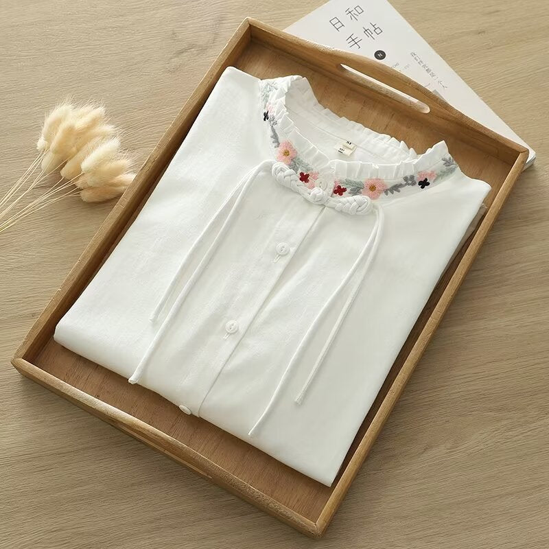 Ethnic Style Embroidered Chinese Knot Button Chinese Long Sleeve Shirt