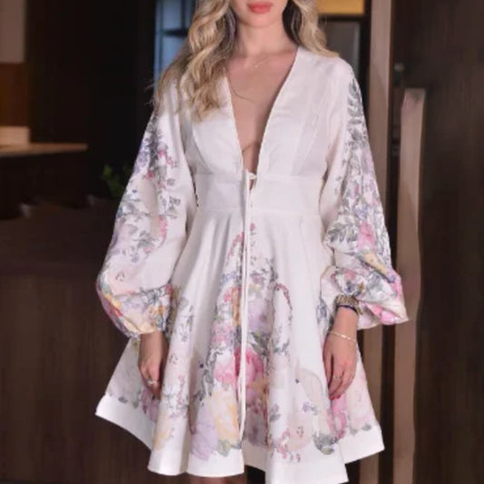 Robe pour femme avec jupe courte à manches lanternes et imprimé sexy en V profond