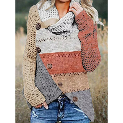 Autumn And Winter Women's Clothing Mixed Color Stripe Irregular Sweater Button Sweater