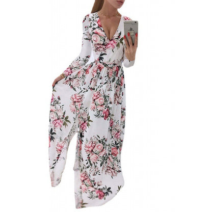 Robe d'été à manches longues et col en V en mousseline de soie imprimée style bohème pour femme