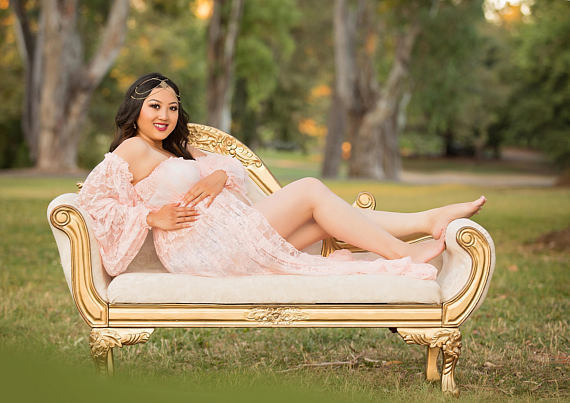 Robe longue de maternité en dentelle à manches courtes pour femmes