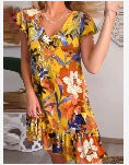 Ladies New V-neck Printed Short Sleeve Dress