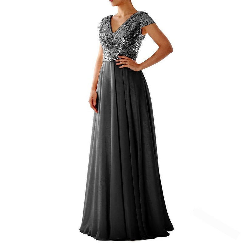 European And American Women's Sleeveless Dress V-neck Sequins Elegant Chiffon Stitching Evening Dress