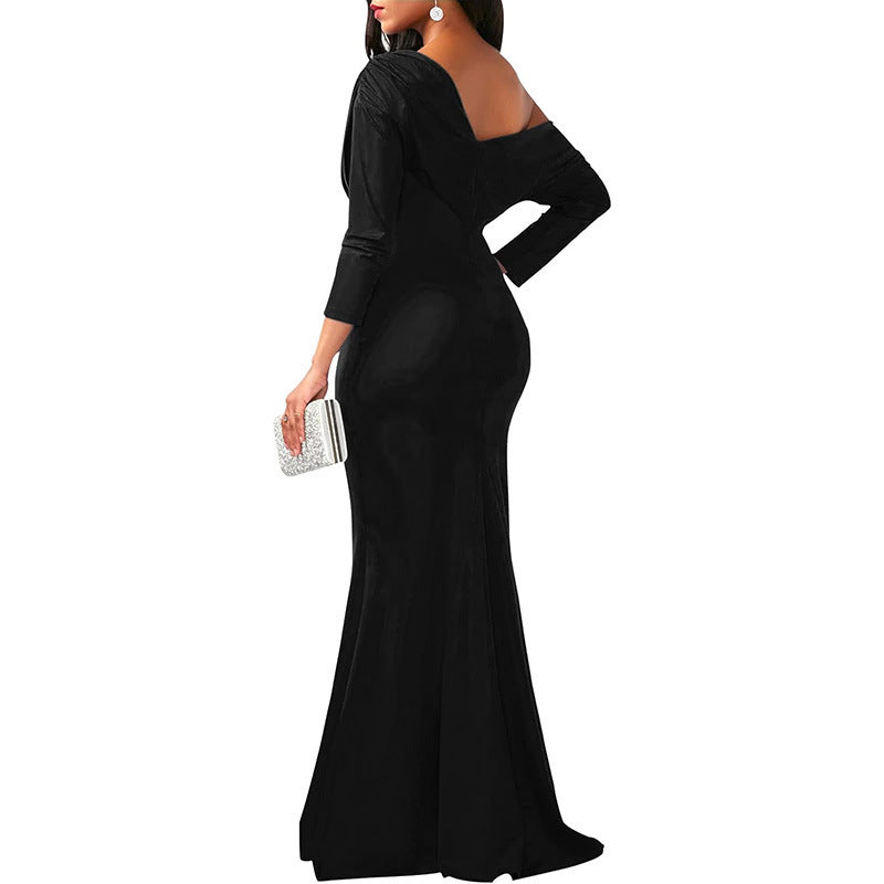 Robe de soirée longue élégante et sexy à épaules obliques pour dîner