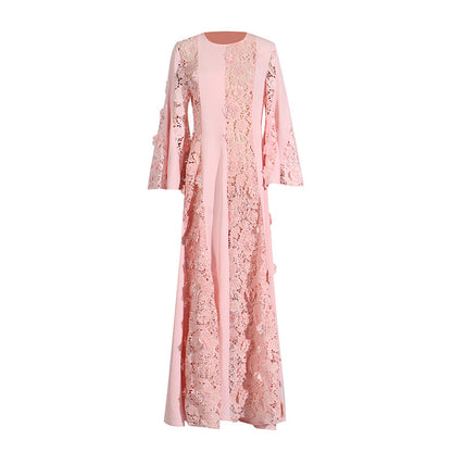 French Style Socialite Gathering Dress New Round Neck Lace Embroidery Hollow Out Solid Color Maxi Dress Women