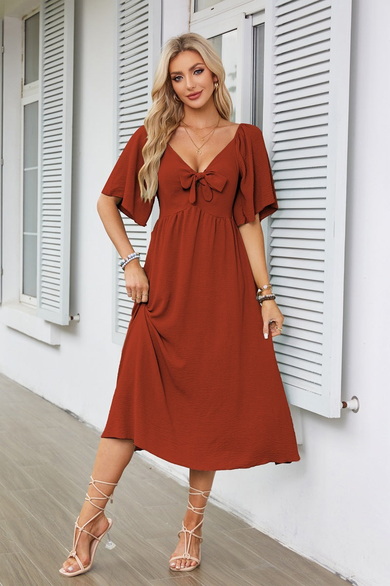 European And American Women's Clothing Spring And Summer Bow V-neck Pleated Mid-length Short Sleeve Dress